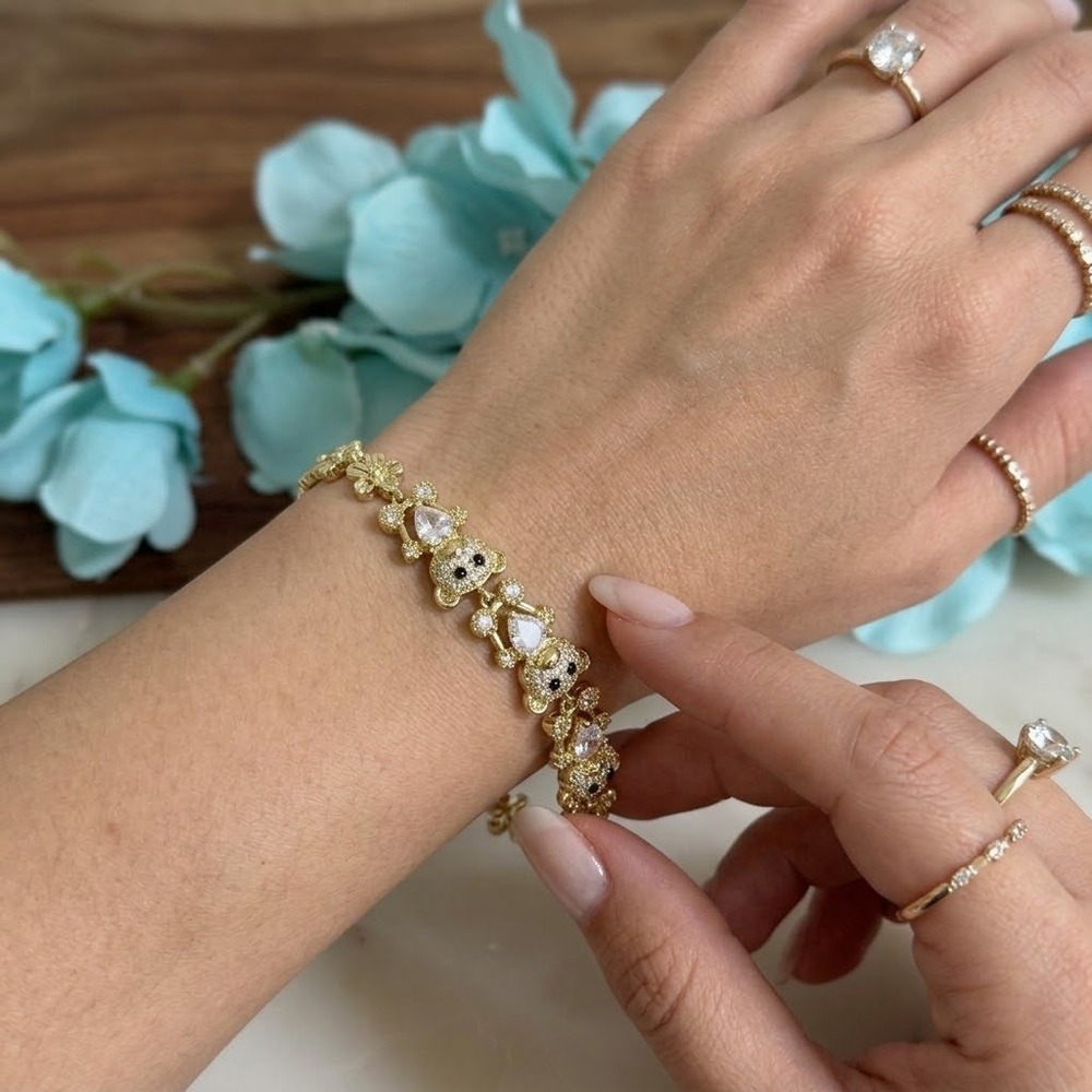 14K Gold Plated XP Women Bracelet Teddy Bear Flower Link Cubic Zirconia